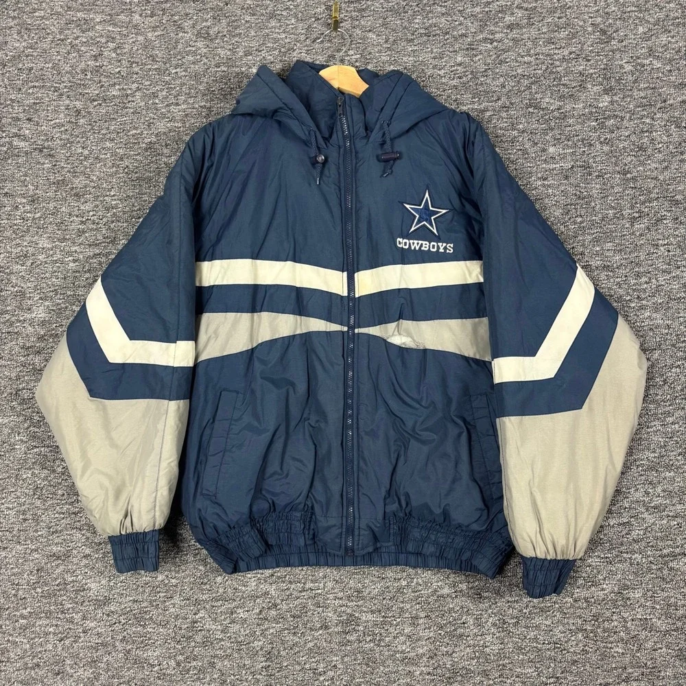 Vintage 90s Official Fan Dallas Cowboys Puffer Jacket Navy Blue Grey Mens XL
